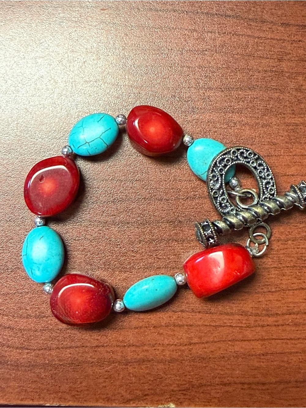 Red and Turquoise Beaded Toggle Bracelet - Fashion Jewelry